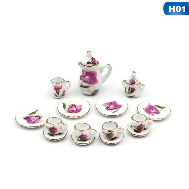 UK 15Pcs Dining Ware Ceramic Blue Flower Set For 1:12 Dollhouse Miniatures